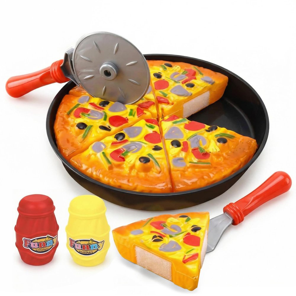 11 PCS Pizza Party Toy Play Set for Kids, Pizza Pie Pretend Play Food - Slice and Serve Plastic Kitchen Cooking and Cutting Playset