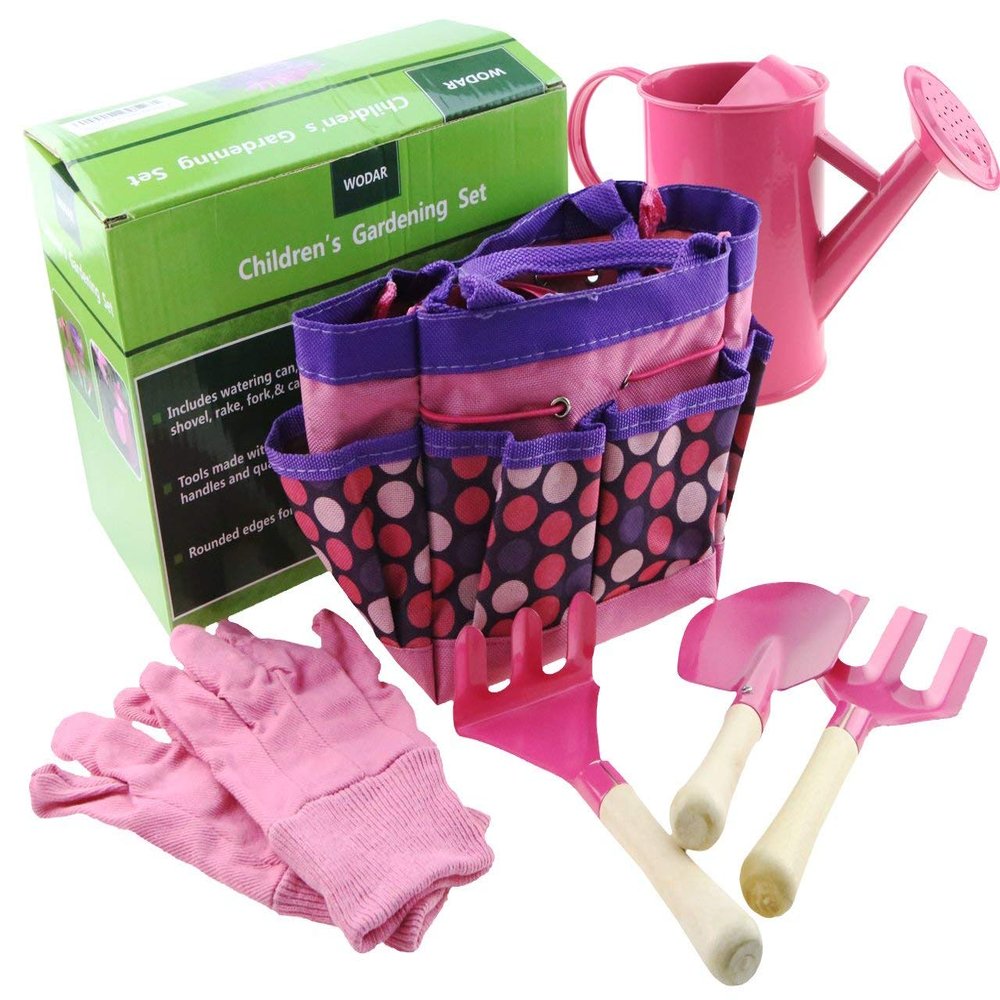 Apol Gardening Tool Set for Kids Children Includes Watering Can Gloves Shovel Rake Fork and Carry Bag Girls Boys Gift (Pink)