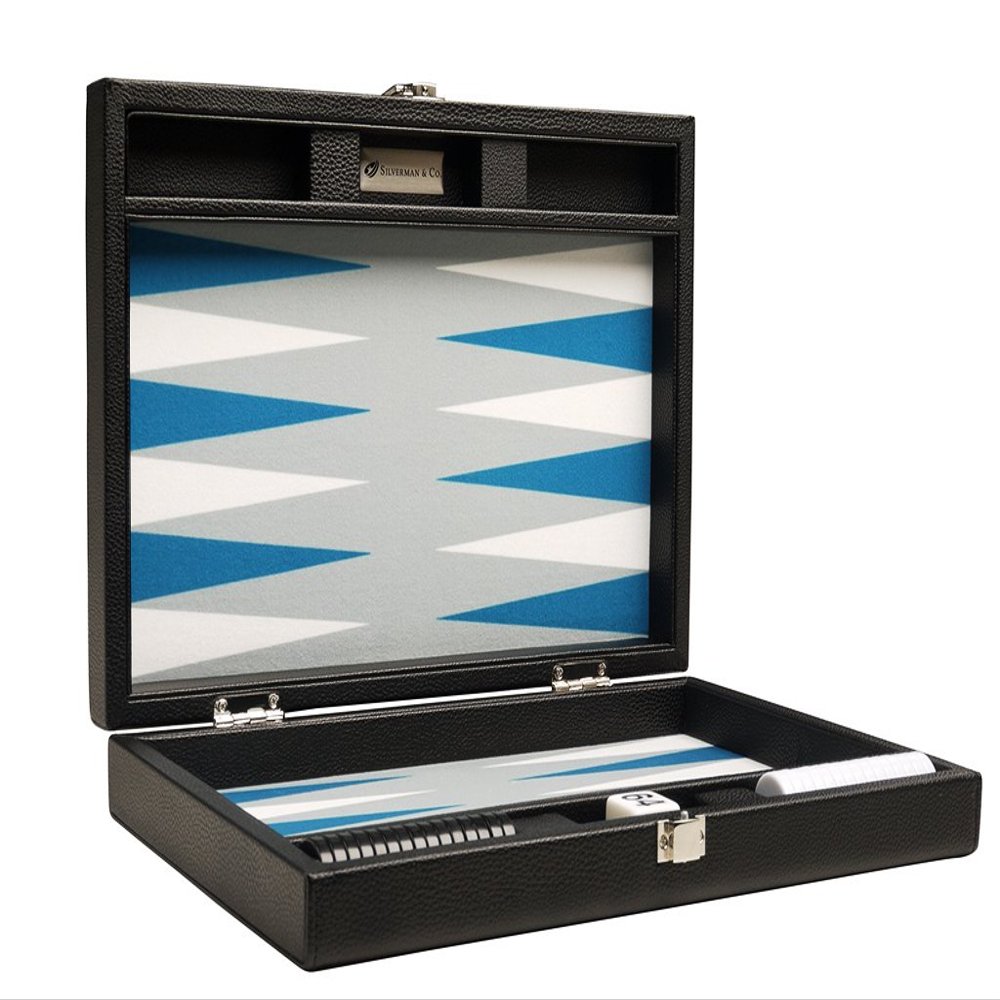 13-inch Premium Backgammon Set - Travel Size - Black Board, White and Astral Blue Points