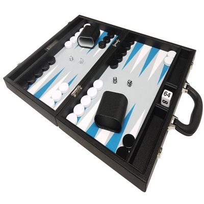 16-inch Premium Backgammon Set - Medium Size - Black Board, White and Astral Blue Points