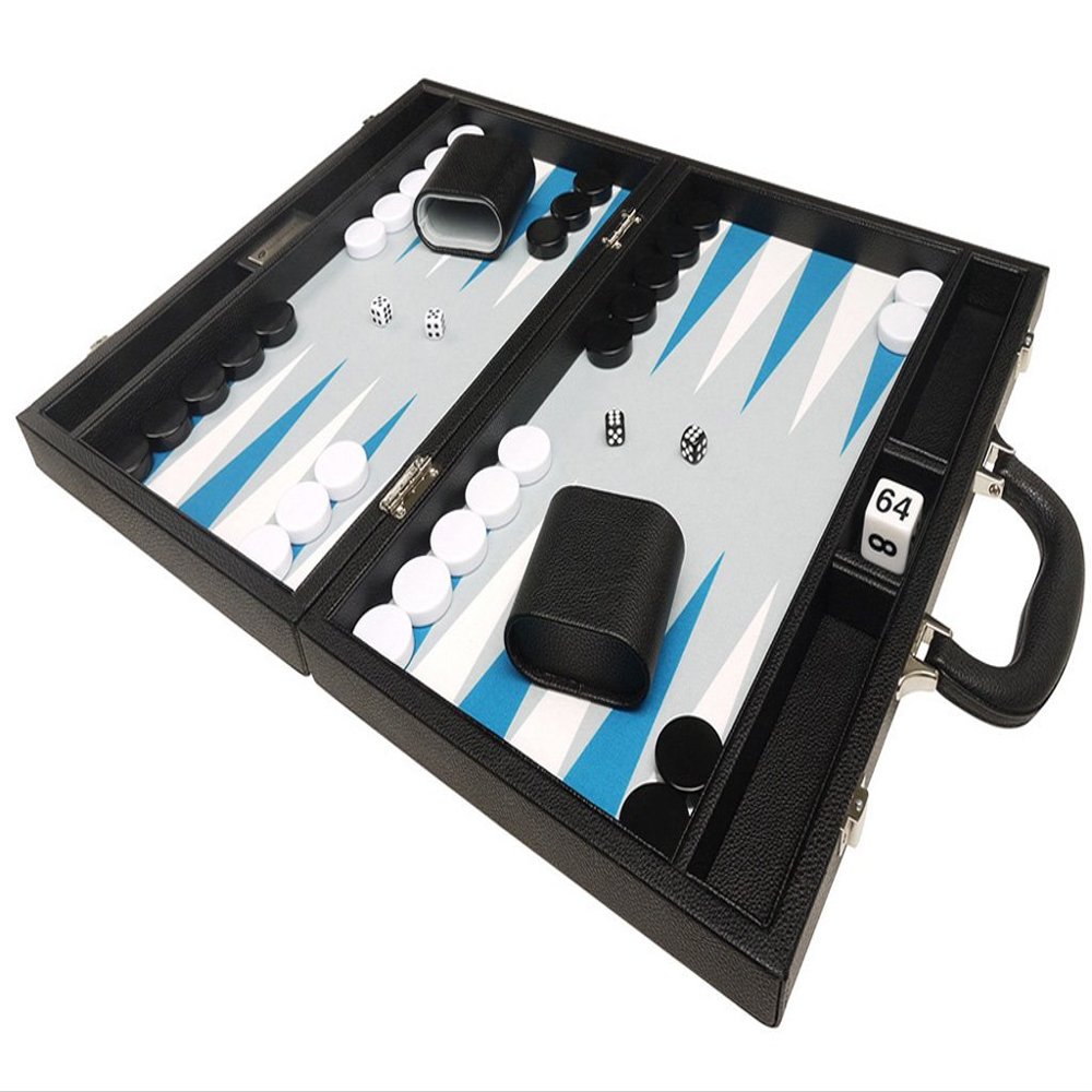 16-inch Premium Backgammon Set - Medium Size - Black Board, White and Astral Blue Points