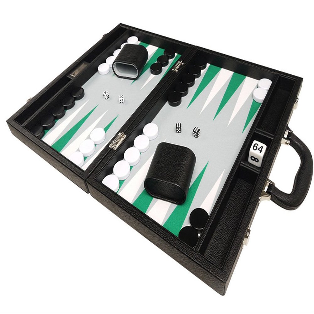 16-inch Premium Backgammon Set - Medium Size - Black Board, White and Green Points