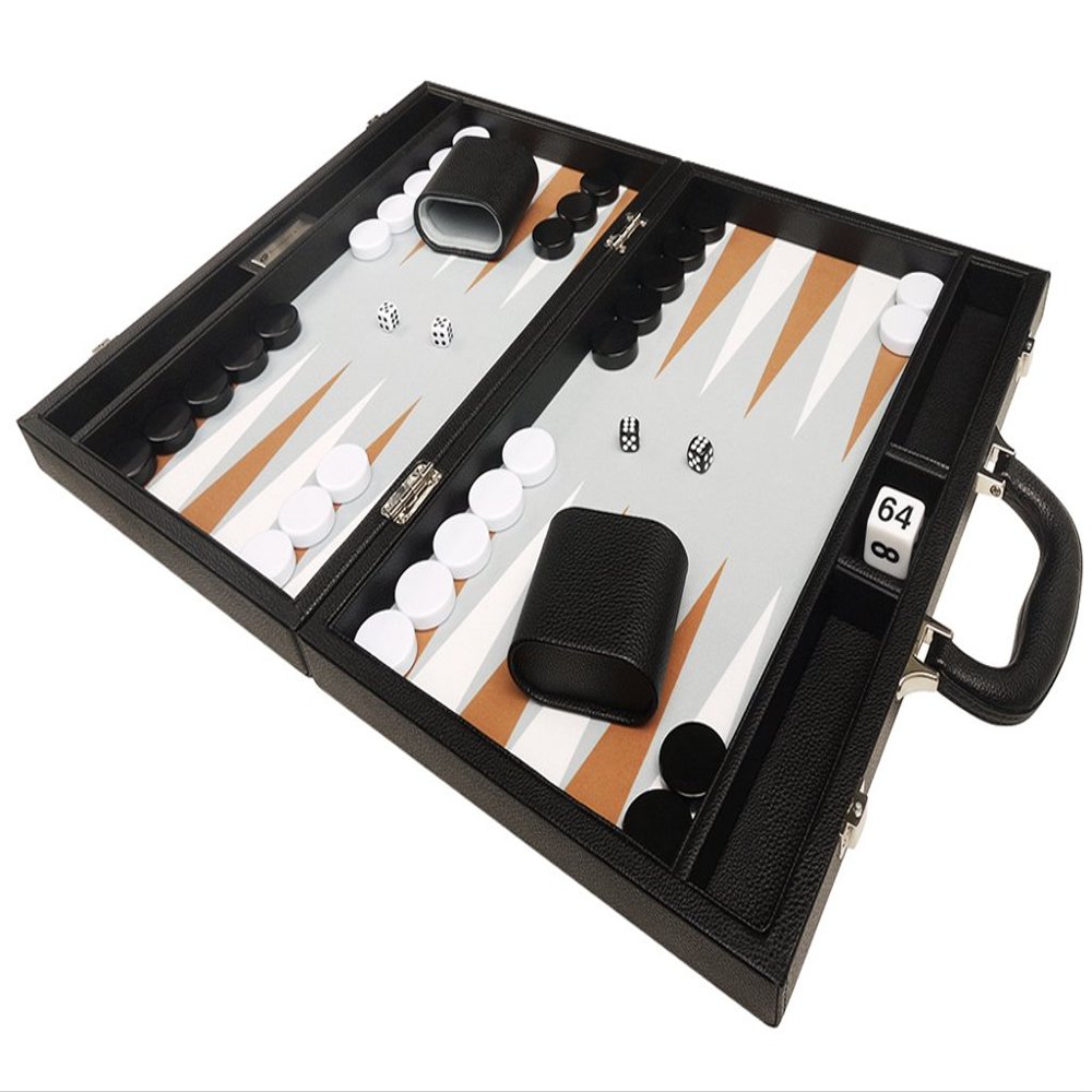 16-inch Premium Backgammon Set - Medium Size - Black Board, White and Rum Points
