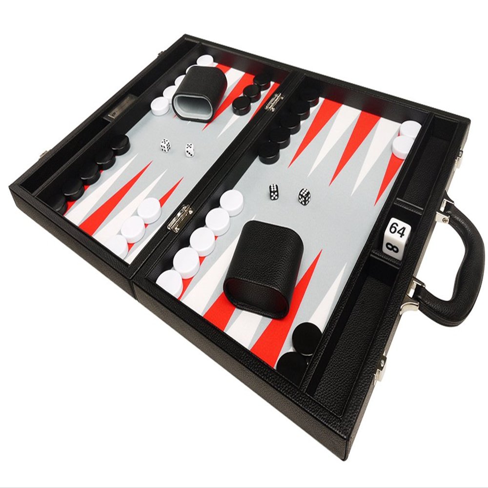 16-inch Premium Backgammon Set - Medium Size - Black Board, White and Scarlet Red Points
