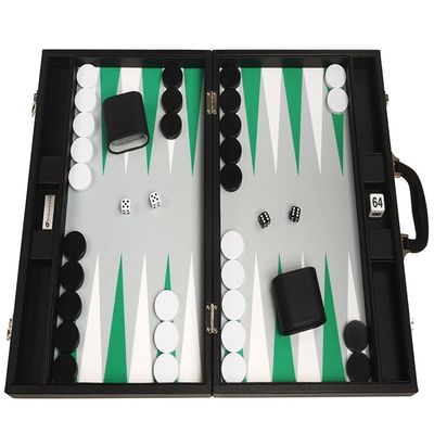 19-inch Premium Backgammon Set - Large Size - Black Board, White and Green Points