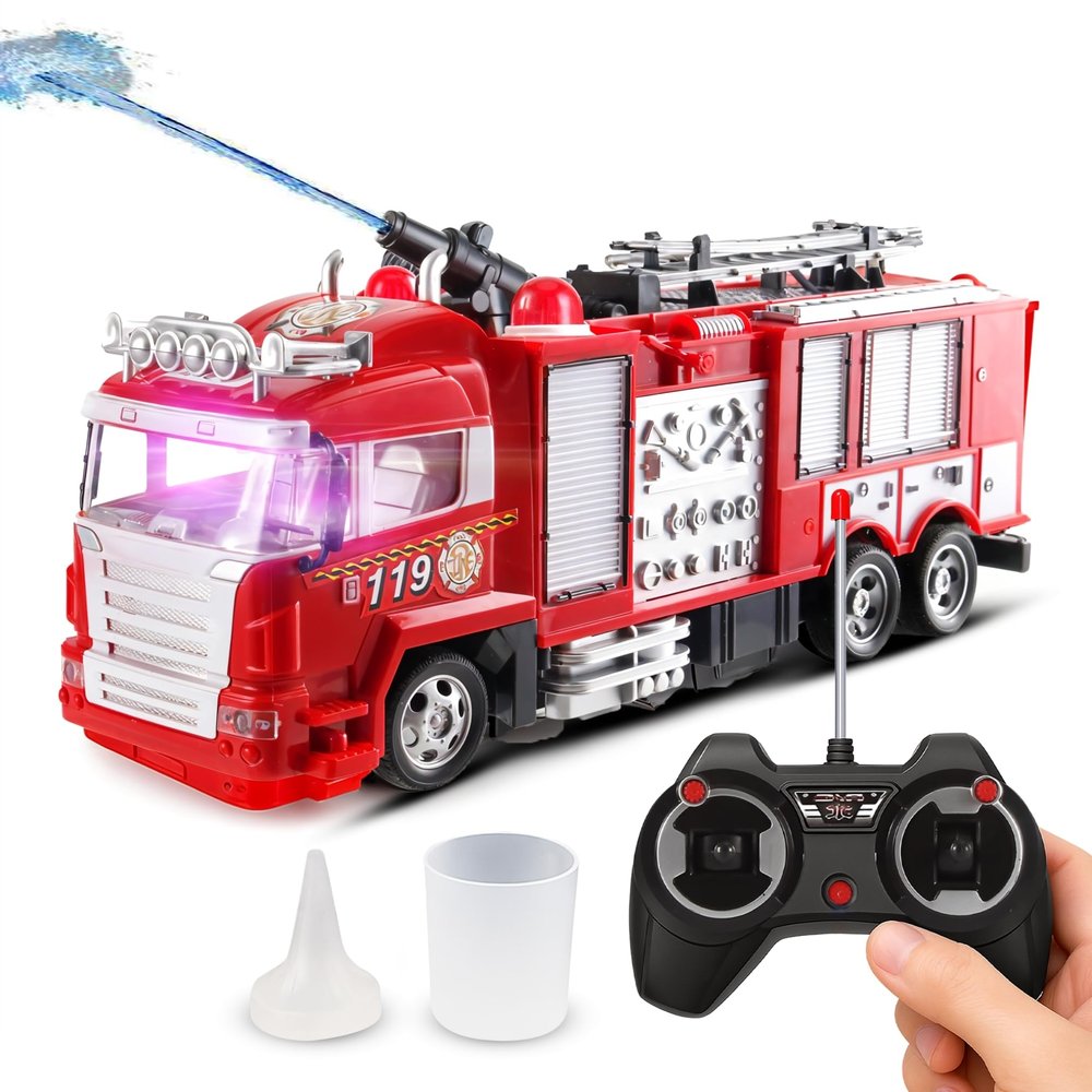 Liberty Imports RC Rescue Fire Engine Toy Truck Radio Control Electric R/C Fire Truck with Lights, Sound, Working Water Cannon Pump Shoots and Squirts Water Toys for Kids