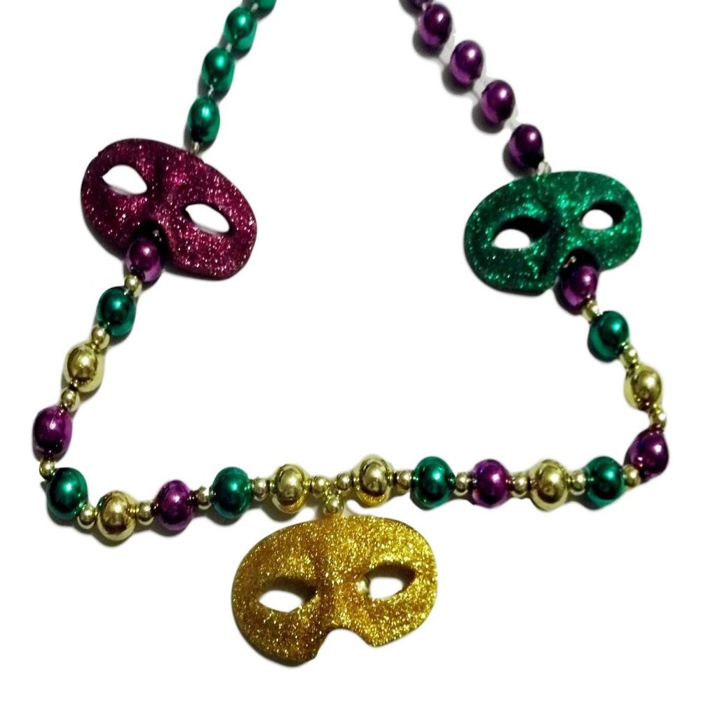 3 Glitter Masks Mardi Gras Beads Party Favor Necklace