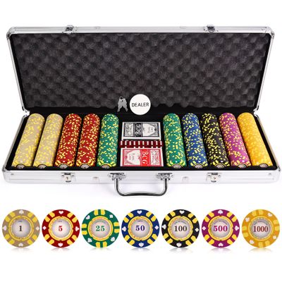 Versa Games Poker Chips - Clay Poker Chips Set - 13.5g 500 Piece Stripe Suited Poker Set with Numbers Denomination - Poker Set Case