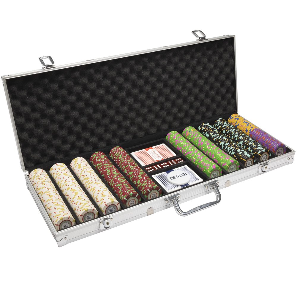 500 Count 'The Mint' Poker Chips in Aluminum Carrying Case, 13.5g Clay Composite Chips Deluxe Set w/ 2 Playing Card Decks, Dealer Button, & 5 Dice by Claysmith Gaming