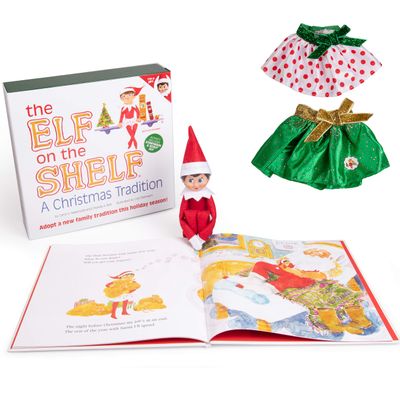 Elf On The Shelf Girl with with Party Skirts Set - Blue Eyed Female Elf Doll with Book and Twin Festive Snowflake Skirts - Customize Your Elf with Unique Holiday Outfit - Elf Figure Clothing Pack