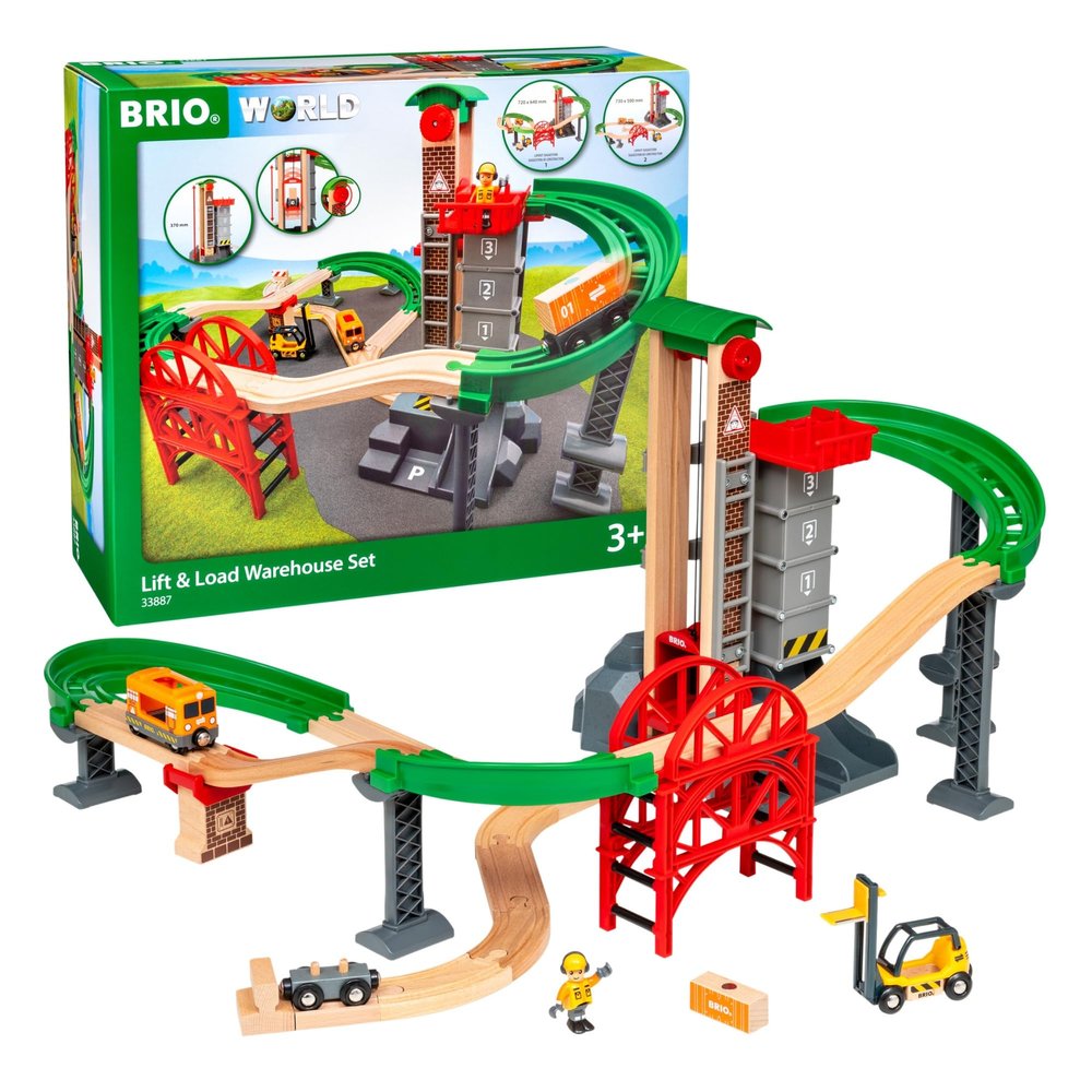 BRIO World Lift & Load Warehouse Set - 32-Piece Wood Train Set - Works with All Wooden Railway Sets - Includes 4-Level Elevator, Vehicles, Tracks & Full Station - MESH Accredited for Ages 3+