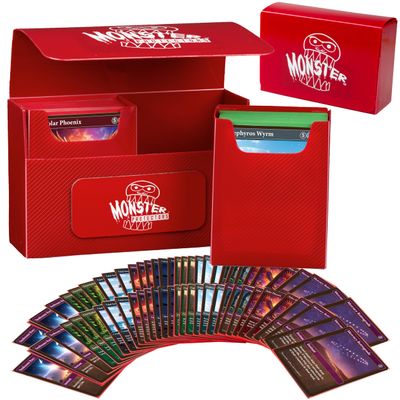 Monster Protectors Magnetic Double Deck Box- Red, Holds 150 TCG Cards, Self-Locking Closure- Compatible with Pokmon, MTG Magic: The Gathering, & Yu-Gi-Oh | Fits Standard & Small Size Trading Cards