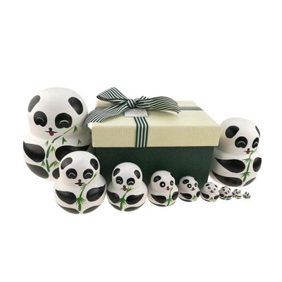 Apol Set of 10 Big-Belly Wooden Handmade Panda Bear with Bamboo Nesting Dolls Matryoshka Russian Doll in a Box with Bow for Kids Toy Home Decoration New Year