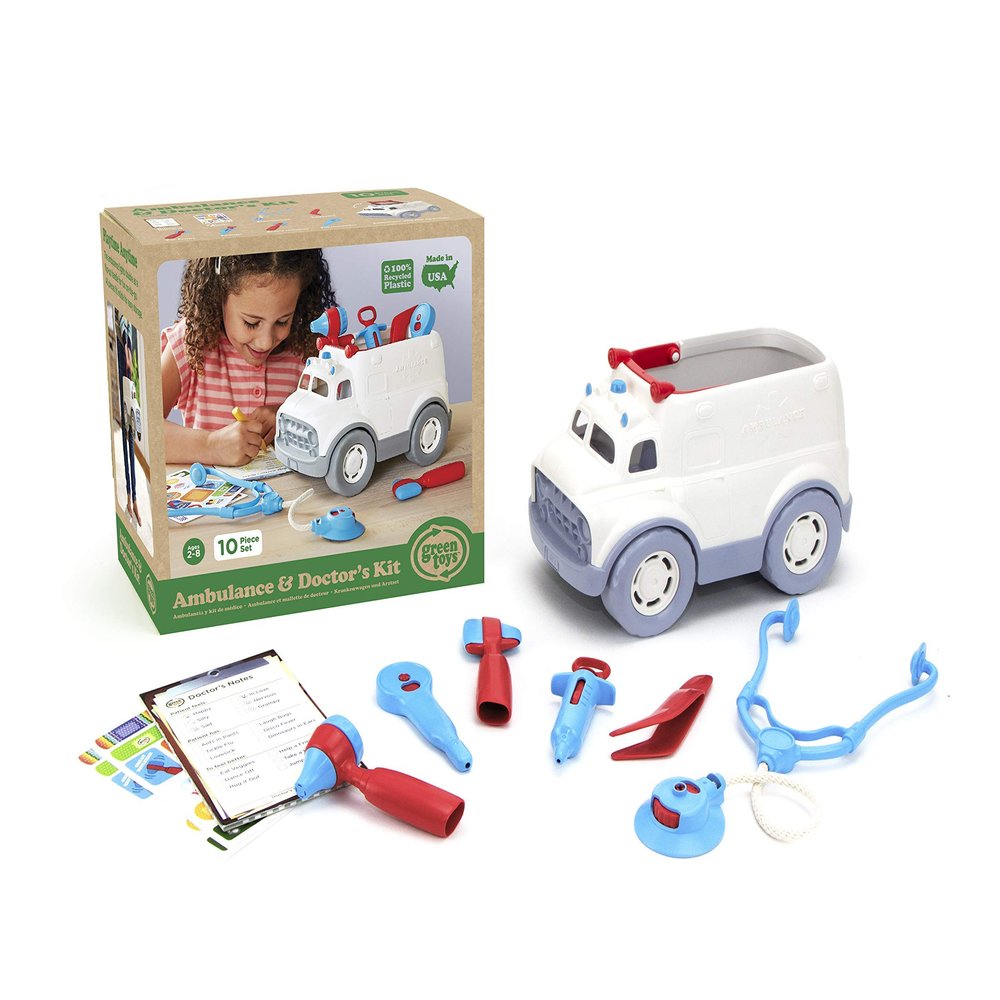 Green Toys Ambulance & Doctor's Kit, Red/Blue - 10 Piece Pretend Play, Motor Skills, Language & Communication Kids Role Play Toy. No BPA, phthalates,PVC, Dishwasher Safe,Recycled Plastic, Made in USA