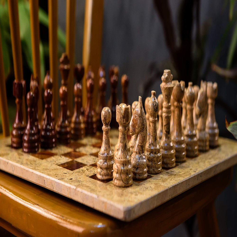 15 Inches Dark and Light Brown Weighted Chess Set - Unique Chess Set with 32 Chess Pieces - Large Marble Chess Set Ideal for Home Dcor - Best Tournament Chess Set & Home dcor Gifts
