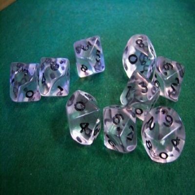 10D10 Dice Set, Transparent Clear/Black