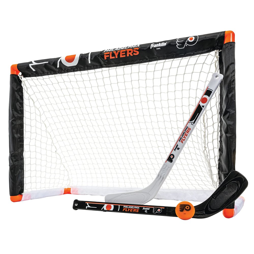 Franklin Sports NHL Philadelphia Flyers Mini Hockey Set - Kids Indoor Knee Hockey Goal, Ball, + 2 Mini Stick Combo Set - Youth NHL Team Indoor Toy Sets - Ages 3+