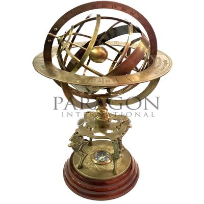 Antique Brass 18" Armillary Sphere Globe Astrolabe Zodiac Engraved Celestial Globe Wooden Base with Compass & Tiger Pillars