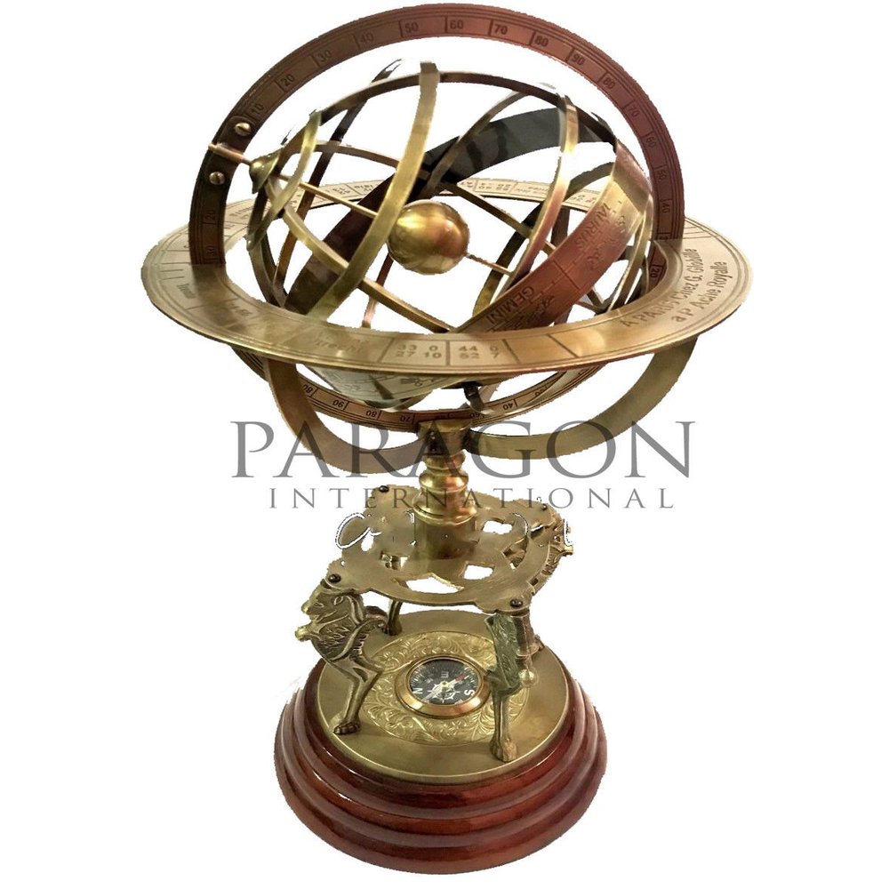 Antique Brass 18" Armillary Sphere Globe Astrolabe Zodiac Engraved Celestial Globe Wooden Base with Compass & Tiger Pillars