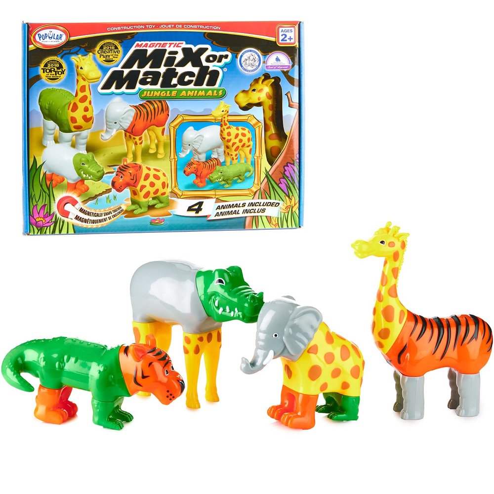 POPULAR PLAYTHINGS Magnetic Animals for Toddlers 1-3, Mix or Match Animal Toys, Set of 4 Gift for Kids - Jungle Animals