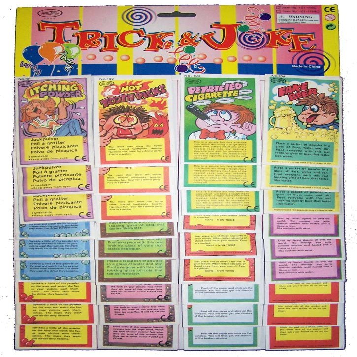 1 display card of 36 PIECES ASSORTED GAGS TRICKS PRANKS & PRACTICAL JOKES
