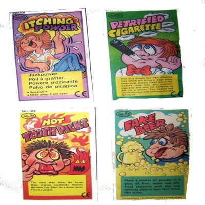 2 display card of 36 PIECES ASSORTED GAGS TRICKS PRANKS & PRACTICAL JOKES