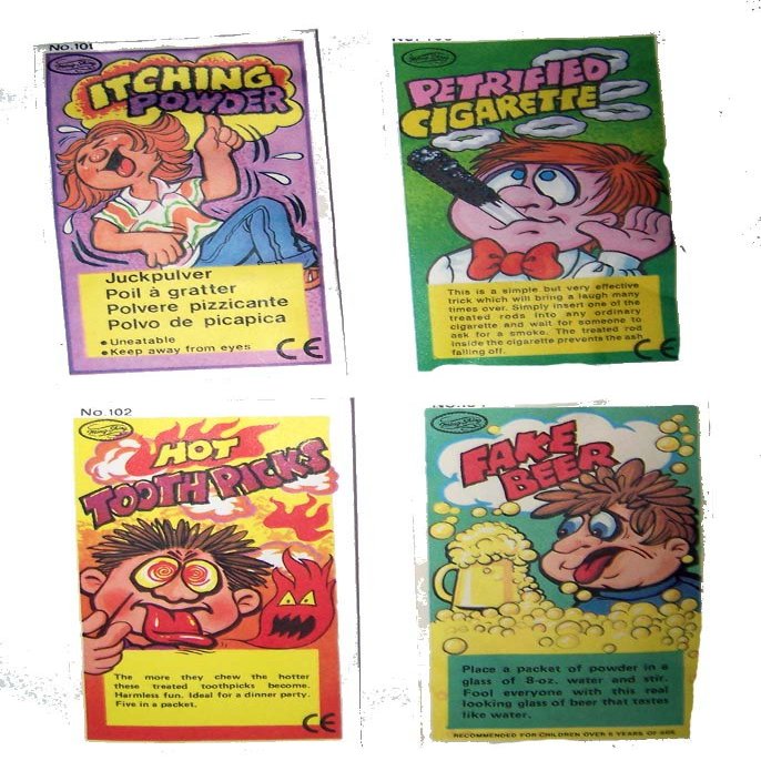 2 display card of 36 PIECES ASSORTED GAGS TRICKS PRANKS & PRACTICAL JOKES