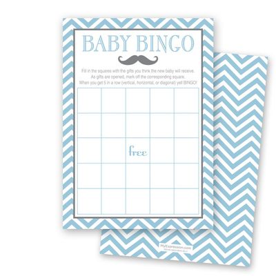 24 Cnt Little Mustache Blue Chevrons Baby Bingo Cards