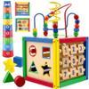 Play22 Wooden Activity Cube for Baby - 6 in-1 Baby Activity Play Cube with Bead Maze, Shape Sorter, Abacus Counting Beads, Counting Numbers, Sliding Shapes, Removable Bead Maze, 8Pcs Stacking Cups view 1