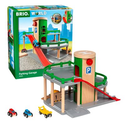 BRIO World Parking Garage - 7-Piece Wooden Toy Garage with 2 Cars, 1 Transporter Wagon, and Wooden Ramp Tracks - Works with All BRIO Train Sets - FSC-Certified - Sparks Creativity & Fun - Ages 3 & Up