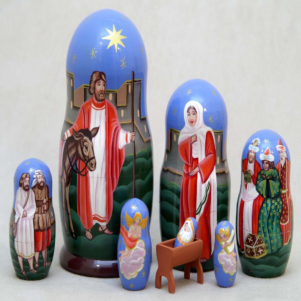 Manger Scene Russian Nesting Doll 7pc./6" Nativity Christmas Bible Story Matryoshka