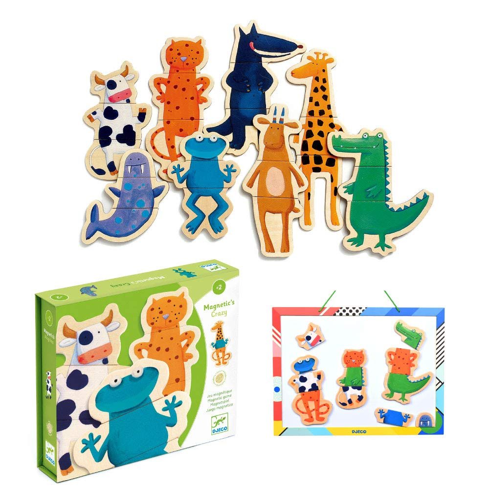 DJECO Crazy Animal Mix & Match Wooden Magnets - Cute Animal Toys for Toddlers - Fun & Creative Activity for Family & Friends - Magnetic Toy for Children 2+ Years Girls & Boys