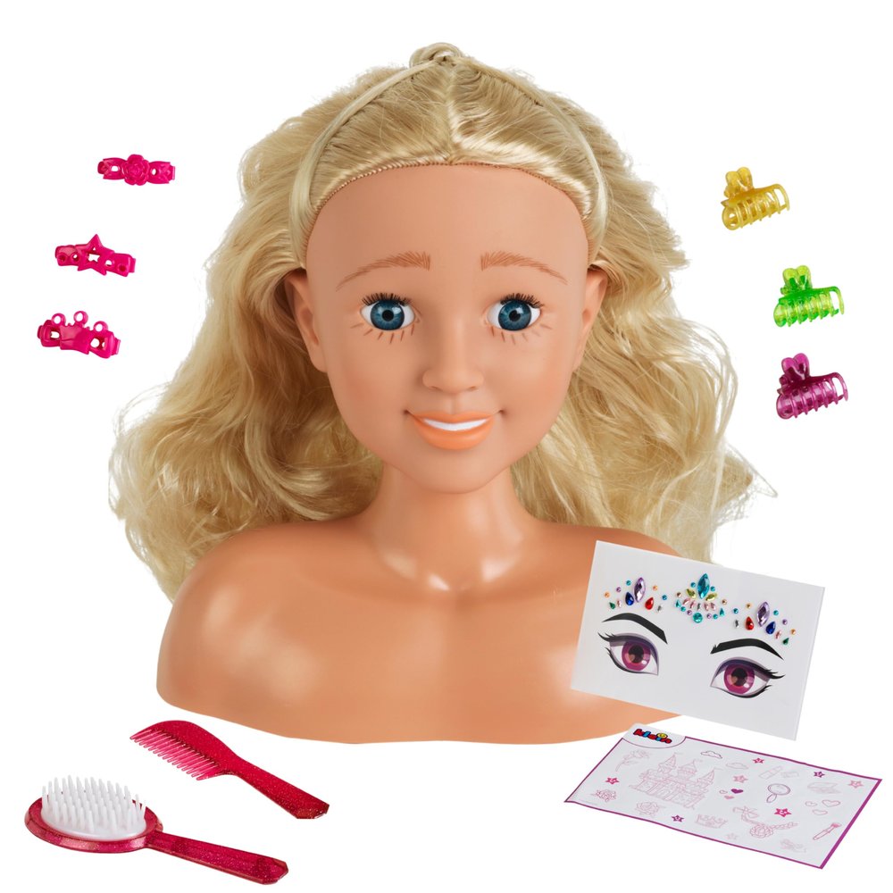 Theo Klein 5205 Makeup and Hair Styling Head I 20 cm High Head with Long Hair I Incl. Hair Accessories and Makeup I Dimensions: 10 cm x 18 cm x 20 cm I Toys for children over 3 years old