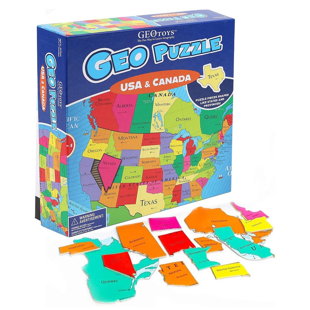 GeoToys GeoPuzzle, USA & Canada Jigsaw Puzzles, 69 Pc Geography Puzzle, Geography Game, Map Puzzle - Jigsaw Puzzles for Kids Ages 6-9, Stocking Stuffers for Kids, Christmas Gifts for Grandkids