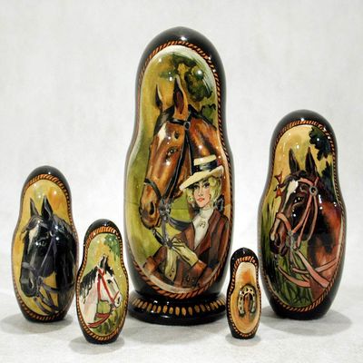 Golden Cockerel English Horse Russian Stacking Doll 5pc./6" Equestrian Nesting Doll Matryoshka Wood Babushka