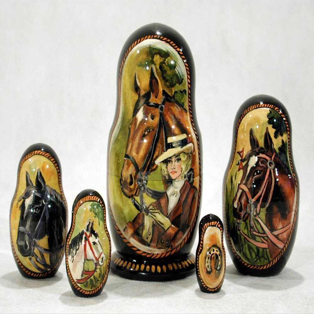 Golden Cockerel English Horse Russian Stacking Doll 5pc./6" Equestrian Nesting Doll Matryoshka Wood Babushka