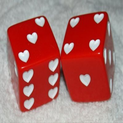 1" Huge Red with White Hearts Opaque Dice Pair