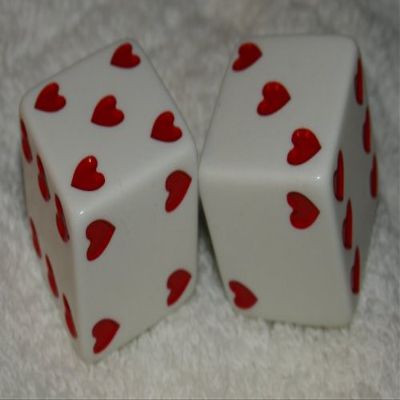 1" Huge White With Red Hearts Opaque Dice Pair
