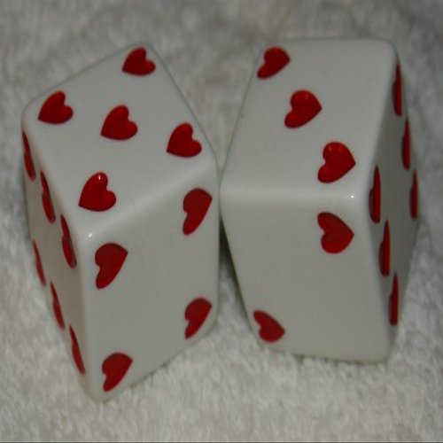 1" Huge White With Red Hearts Opaque Dice Pair