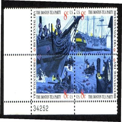 1973 Boston Tea Party #1483a Plate Block of 4 x 8 US Postage Stamps