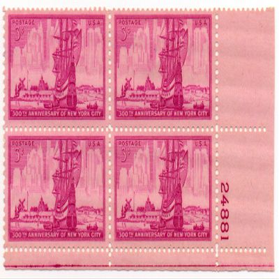 1953 New York City #1027a Plate Block 4 x 3cent US Postage Stamps