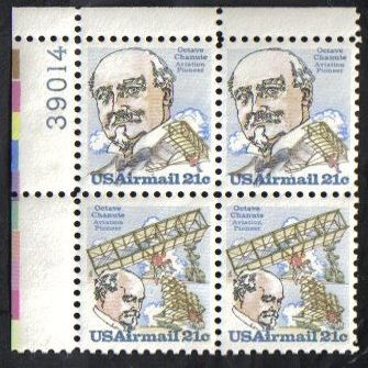 1979 OCTAVE CHANUTE Airmail #C93-94 Plate Block of 4 x 21 cents US Postage Stamps