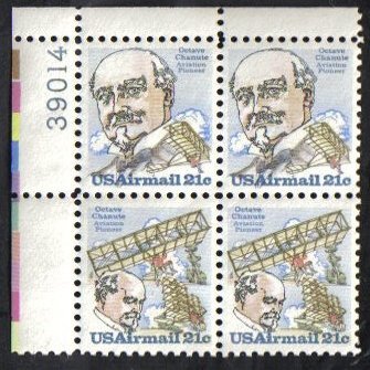 1979 OCTAVE CHANUTE Airmail #C93-94 Plate Block of 4 x 21 cents US Postage Stamps
