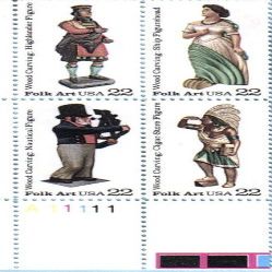 1986 FOLK ART - WOOD CARVING Plate Block of 4 x 22 cents US Postage Stamps Scott #2240-43