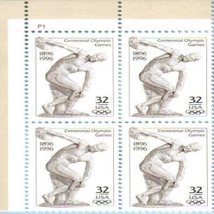 1996 CENTENNIAL OLYMPICS ~ DISCOBOLUS ~ DISCUS THROWER #3087 Plate Block of 4 x 32 US Postage Stamps