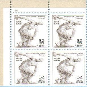 1996 CENTENNIAL OLYMPICS ~ DISCOBOLUS ~ DISCUS THROWER #3087 Plate Block of 4 x 32 US Postage Stamps