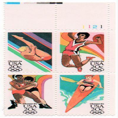 1984 SUMMER OLYMPICS '84 ~ LOS ANGELES ~ DIVING ~ LONG JUMP ~ WRESTLING ~ KAYAK #2085a Plate Block of 4 x 20 US Postage Stamps
