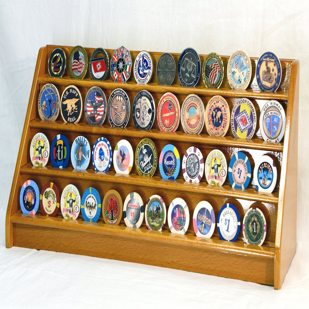 4 Rows Challenge Coin Casino Chip Display Rack Holder Stand -Oak