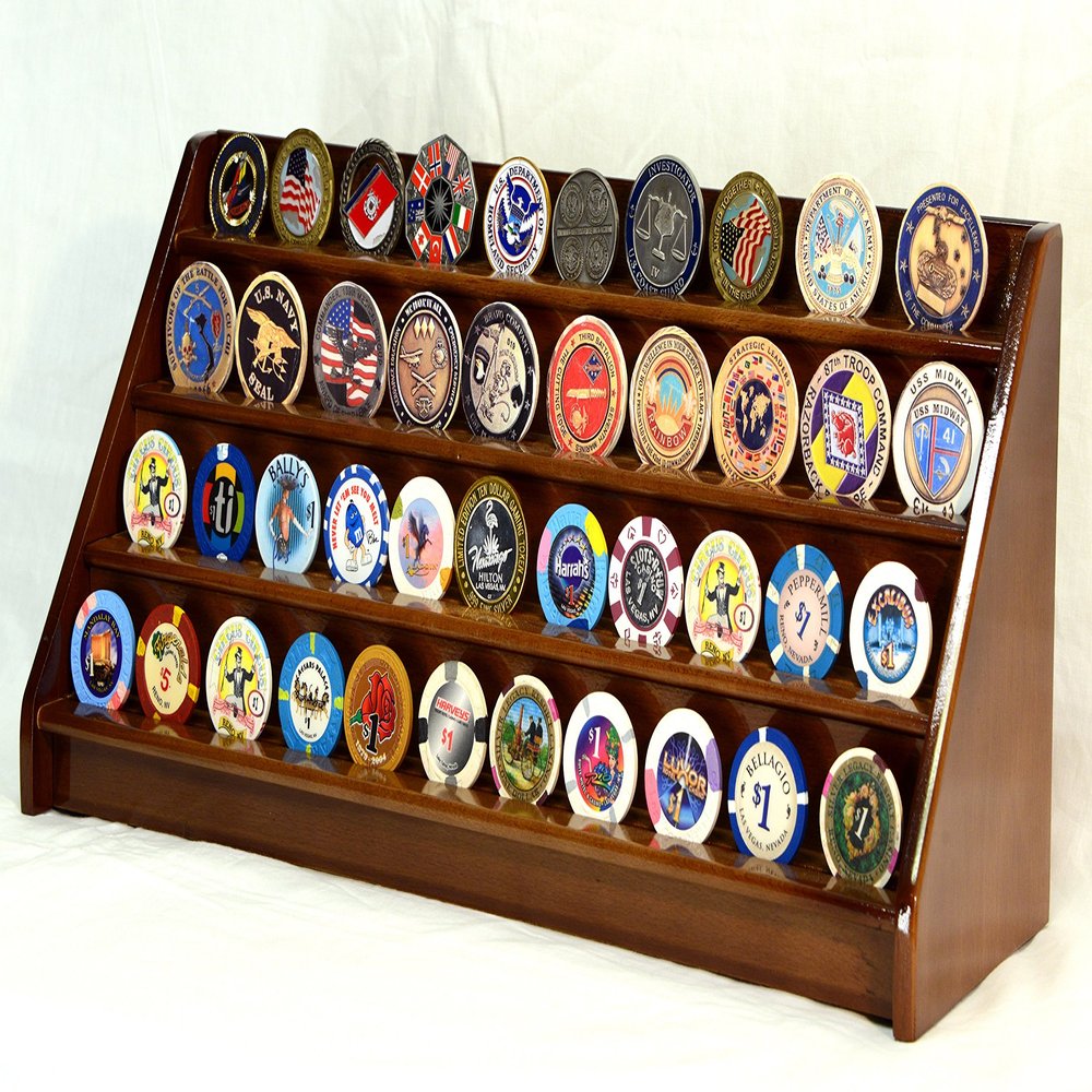 4 Rows 40 Challenge Coin Casino Chip Display Case Rack Holder Stand for Table Shelf Desk -Walnut