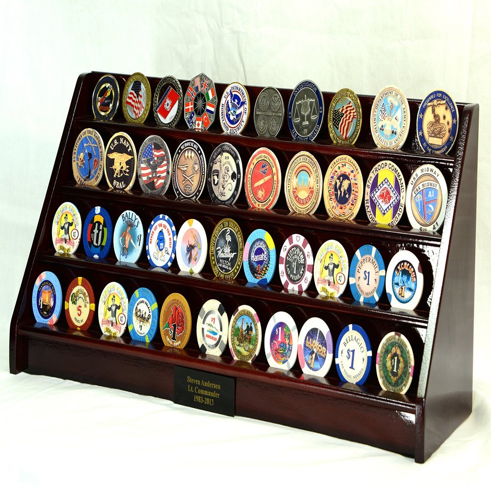 4 Rows 40 Challenge Coin Casino Chip Display Case Rack Holder Stand for Table Shelf Desk -Cherry